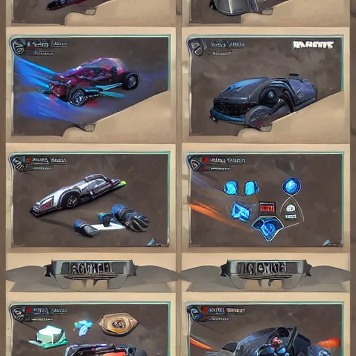 Image similar to car engine car parts concept art, cards, comic page, realistic fortnite, ui cards