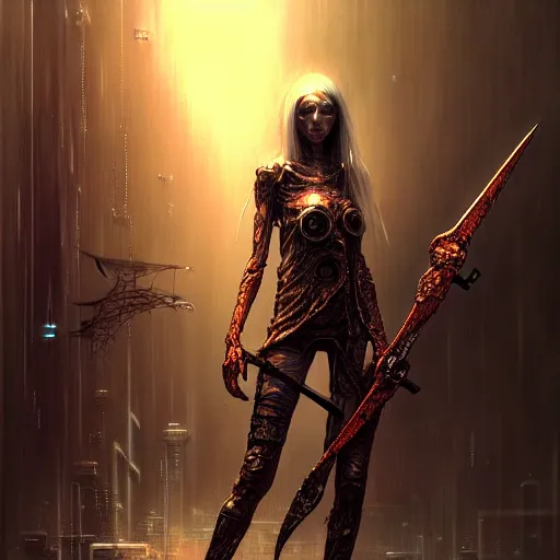 Image similar to a highly detailed long shot photo of cyberpunk female character by ayami kojima, elf, beksinski, giger, elf, wielding scythe, intricate, digital painting, artstation, concept art, smooth, sharp focus