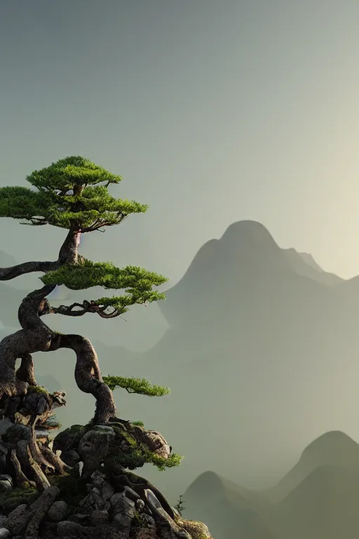 Prompt: photo of a mystical bonsai on top of a chinese mountain, unreal 5, DAZ, hyperrealistic, octane render, Regal, Refined, Detailed Digital Art, dynamic lighting, Highly Detailed, Cinematic Lighting, Unreal Engine, 8k, HD