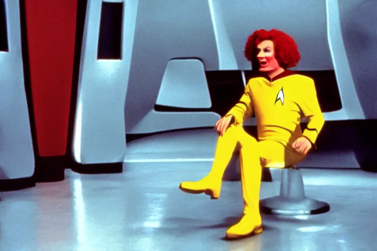 Image similar to A film still of Ronald McDonald in a Star Trek: The Next Generation, sitting in Ten Forward, dramatic lighting