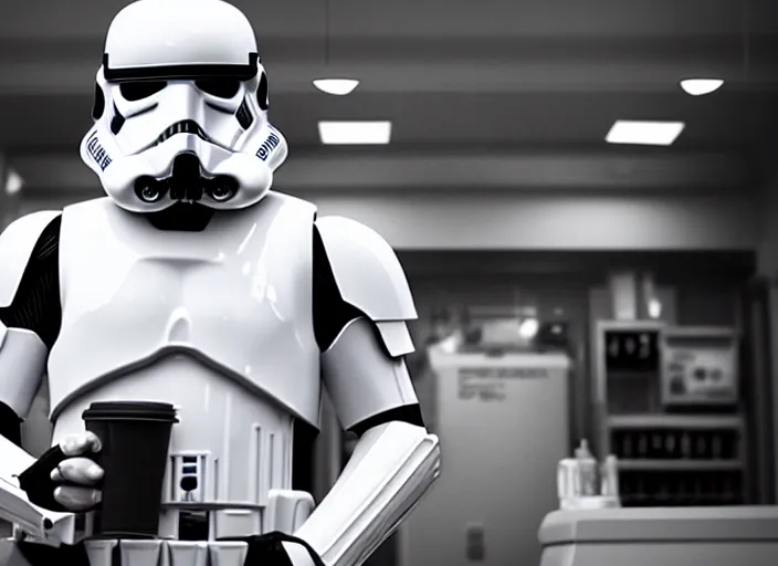 Image similar to film still of a storm trooper holding a cup of coffee in a convenience store in the new Star Wars movie, 4k, black and white