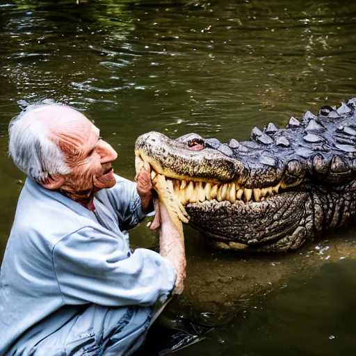 Prompt: elderly man feeding a crocodile, smiling, happy, crocodile, snappy, hungry, jungle, canon eos r 3, f / 1. 4, iso 2 0 0, 1 / 1 6 0 s, 8 k, raw, unedited, symmetrical balance, wide angle