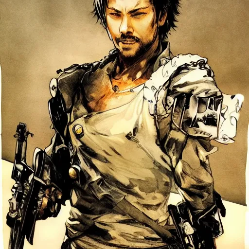 Prompt: portrait of a hero holding his sword in front of his face by yoji shinkawa, high quality, extra details, realism, ornate, colored, golden chain, blood, white skin, short hair, brown eyes, vivid, sunlight, dynamic, american man, freedom, white american soldier, pencil art