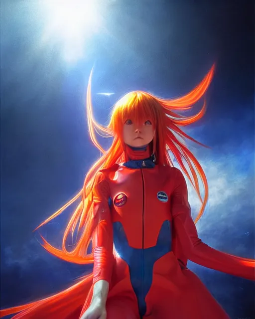 Image similar to asuka langley soryu wearing plugsuit, award winning photograph, radiant flares, realism, lens flare, intricate, various refining methods, micro macro autofocus, evil realm magic painting vibes, hyperrealistic painting by michael komarck - stephen gemmell