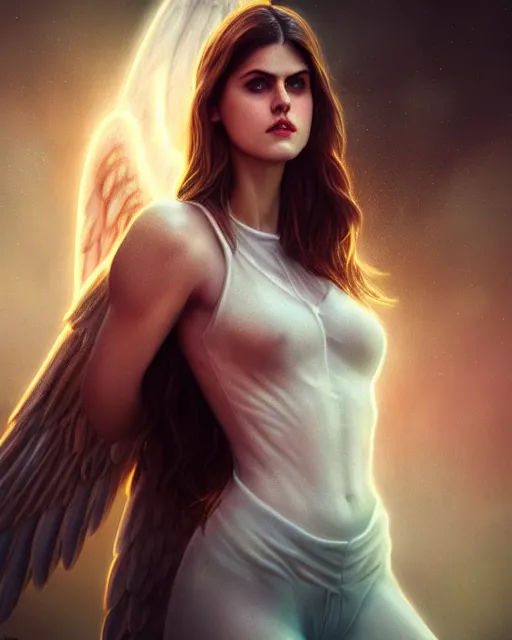 Prompt: Fullbody potrait of Alexandra Daddario as an angel, hyper realistic, prismatic highlights, atmosphere, gorgeous, depth of field, cinematic, macro, concept art, 50mm, artstation, wlop, elegant, epic, weta digital, focus, octane render, v-ray, 8k, kodak portra, art by Liberatore