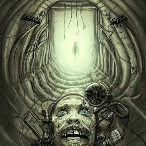 Image similar to the man stuck in the wall, creepy explorer sketch, godlike design, concept art, eldritch, grand scale, intricate detailed