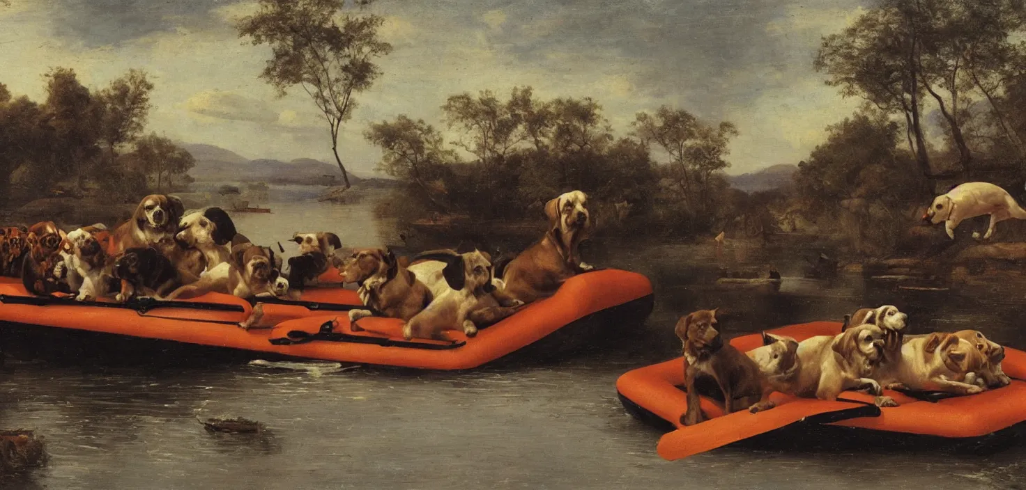 Prompt: mechanical dogs floating on a raft down a river, Hudson River school