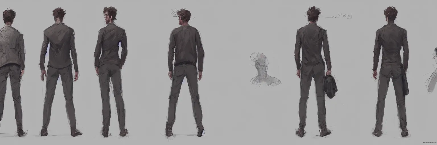 Image similar to character study of julian lage and andrew garfield, innocent, naive, character sheet, fine details, concept design, contrast, kim jung gi, greg rutkowski and francis bacon, trending on artstation, 8 k, full body and head, turnaround, front view, back view, ultra wide angle