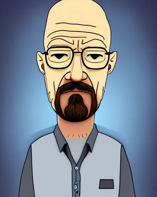 Image similar to portrait of walter white in the style of justin roiland. heisenberg from breaking bad. cinematic lighting. style of rick & morty. photographic, photography. by justin roiland