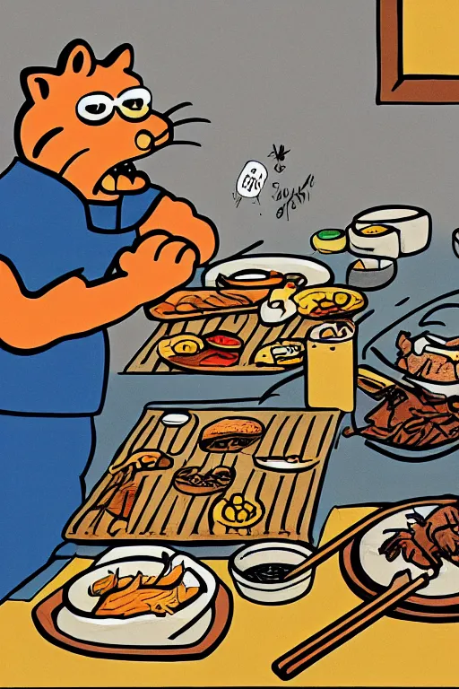 Prompt: drawing of a cat eating korean bbq by matt groening