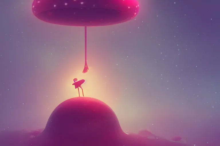 Image similar to a cute alien sitting on a cloud relaxing, misty, glows, blender render, hazy, foggy, red lighting,