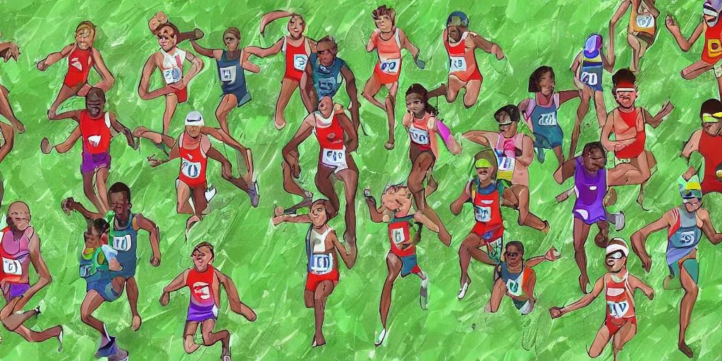 Prompt: little tree people racing against a brain in the 1 0 0 m dash, olympics, digital art