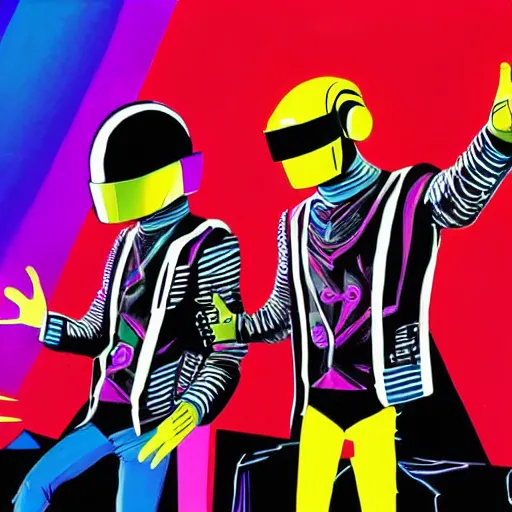 Prompt: painting of Daft Punk dancing on the stage in front of the crowd, colorful lights, illustration, artistic, hyper detailed,