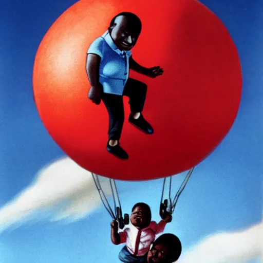 Prompt: Gary Coleman descending from the sky in a weather balloon