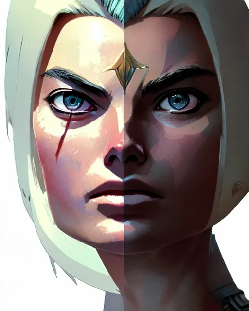 Image similar to azctec warrior, margot robbie, detailed perfect face, exquisite details, fire magic, mid view, design on a white background, by studio muti, greg rutkowski makoto shinkai takashi takeuchi studio ghibli