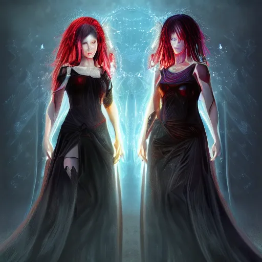 Image similar to A portrait of two Gothic goddesses of fire jewels in an empty land, dark and mysterious, volumetric lighting, lively atmospheric, cinematic, 8k, 4k, ultra detail, ultra-realistic, rendered by DeviantArt