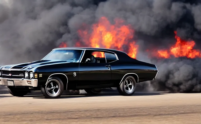 Image similar to a black 1 9 7 0 chevrolet chevelle ss driving i high speed, fire explosion in the background, action scen