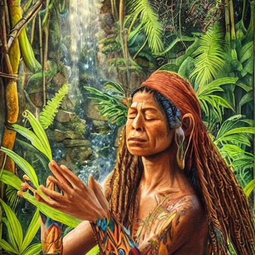 Prompt: a beautiful portrait of an amazonian shaman healer sitting in the jungle, doing a prayer, ayahuasca, high detail painting, fantasy art, highly detailed, realistic face