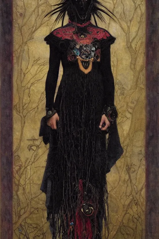 Image similar to a raven dressed as a goth shaman, by Annie Swynnerton and Nicholas Roerich and John Bauer and jean delville and John William Godward and Donato Giancola and Vermeer, black leather and embroidered velvet, iridescent beetles, rich color, dramatic cinematic lighting, featured on Artstation, extremely detailed