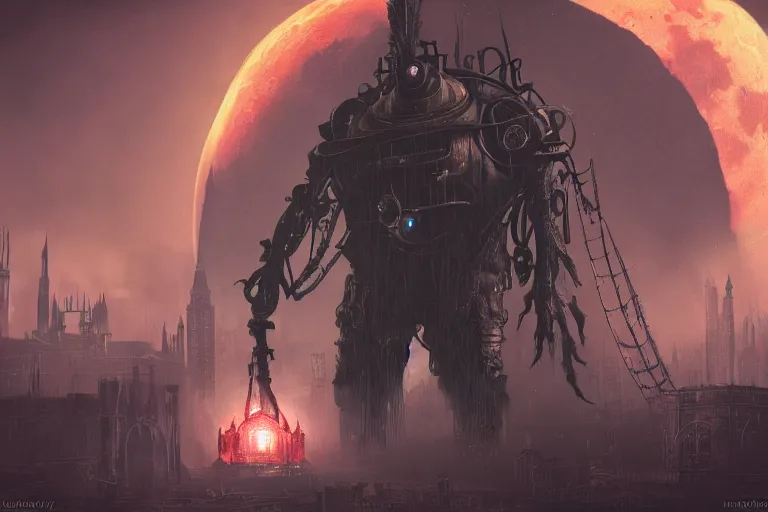 Image similar to an ultra matte painting of a big daddy from bioshock in the style of bloodborne, bioshock, concept art by alphonse mucha and greg rutkowski, scary shadows, blood moon eclipse, octane render, liminal space