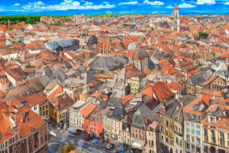 Prompt: drone view of an old european city, oil paining, very detailed, high resolution