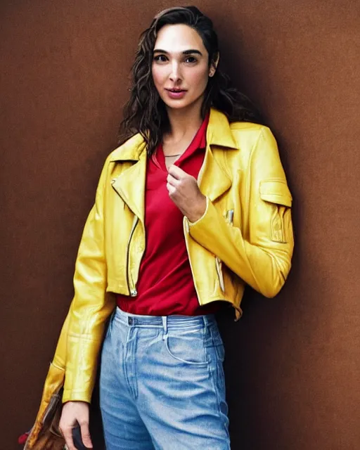 Image similar to photos of gal gadot wearing a yellow leather jacket, green cargo pants, a red silk blouse, and baseball cap on her head, photoshoot in the style of annie leibovitz, photorealistic, soft focus, bokeh