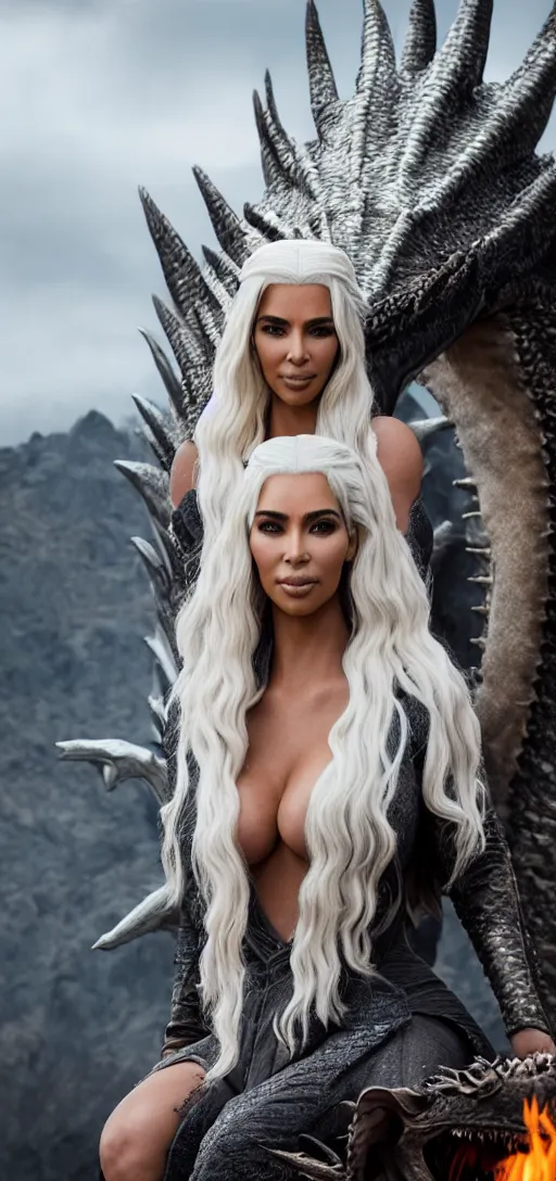 Image similar to Kim Kardashian as Daenerys Targaryen riding a dragon, XF IQ4, 150MP, 50mm, F1.4, ISO 200, 1/160s, natural light