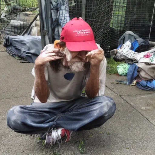 Image similar to homeless trump in a homeless camp, wearing cheap dirty clothes and maga hat, dirty