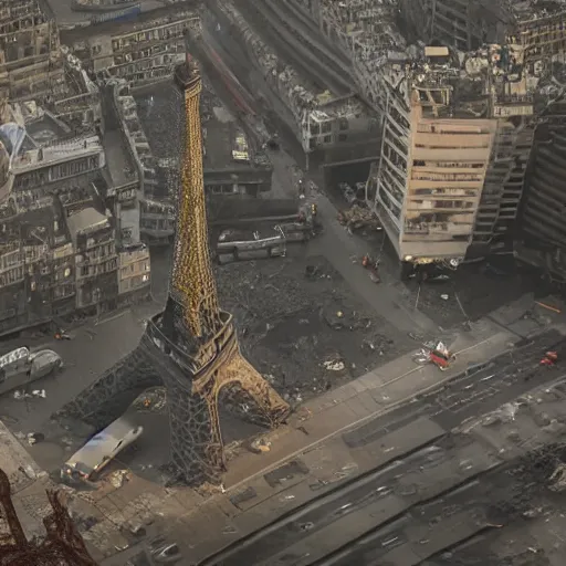 Image similar to A beautiful intricate 8K award-winning ground-level cinematic movie photograph of the future rusting rubble of the fallen and decimated Eiffel Tower, lying in pieces on the ground, surrounded by neon and collapsing corporate video billboard displays. in the year 2050, by Bruno Delbonnel and greg rutkowski. octane render, Arri Alexa 65. Cinematic lighting