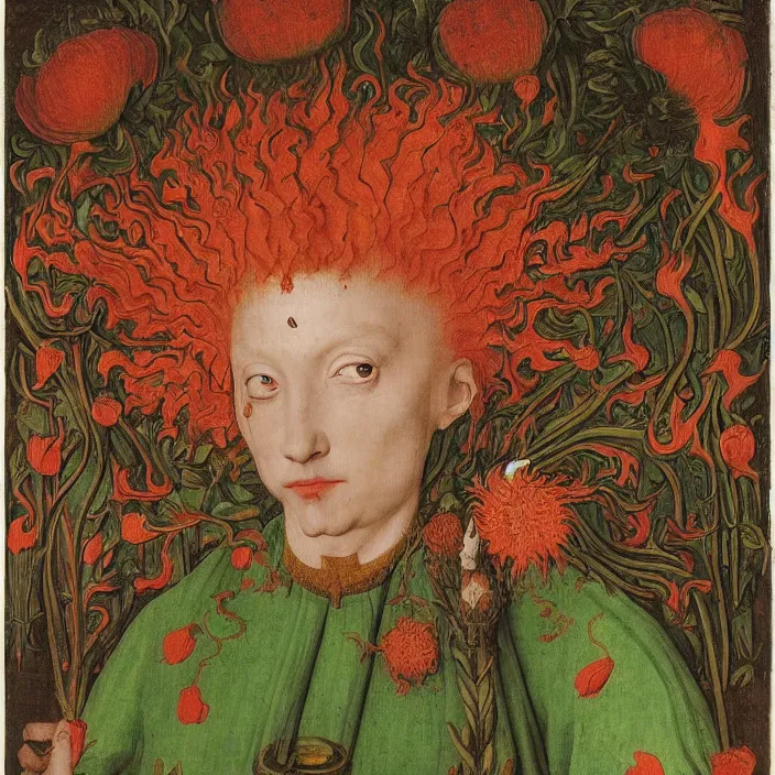 Prompt: a woman with a third eye exploding with flowers, standing in fire, by Jan van Eyck