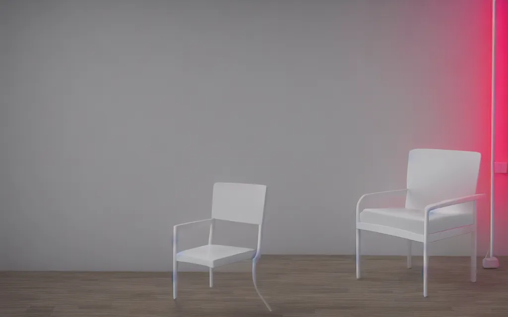 Prompt: a chair in a white room with neon light, photo realistic