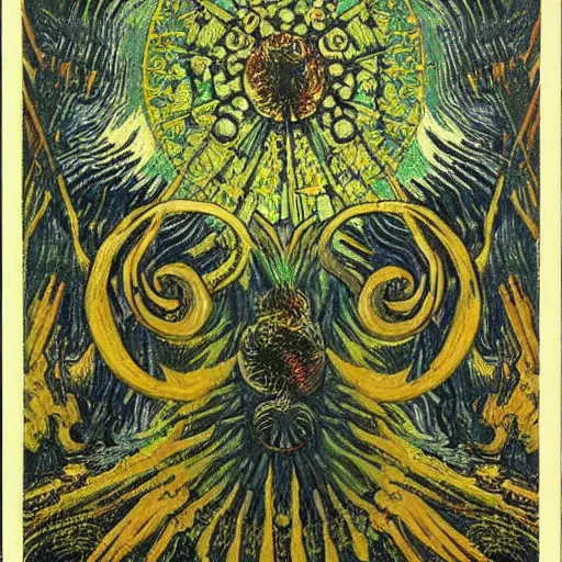 Image similar to divine chaos engine by vincent van gogh and ernst haeckel, symbolist, visionary