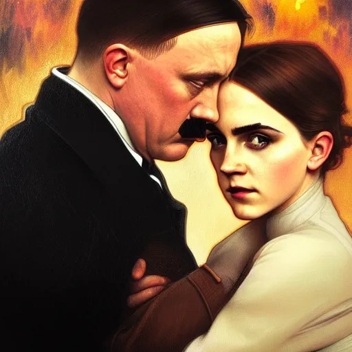 Prompt: Beautiful face Portrait of Adolf Hitler and Emma Watson drinking together, powerful , magic, thunders, dramatic lighting, intricate, wild, highly detailed, digital painting, artstation, concept art, smooth, sharp focus, illustration, art by artgerm and greg rutkowski and alphonse mucha, footage from space camera