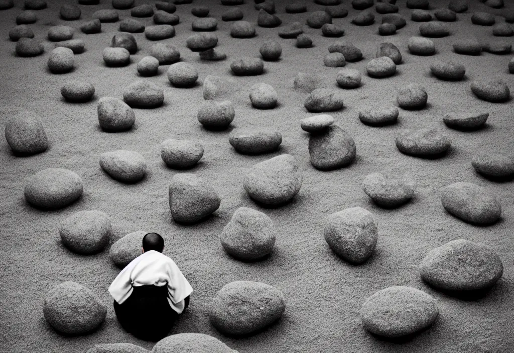 Image similar to portrait of a lone man monk raking stones in a zen garden kyoto, japan, a collage painting, in the style of wes anderson, lola dupre, david hockney, isolated on negative white space background dark monochrome fluorescent neon spraypaint accents volumetric octane render