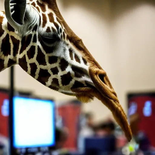 Image similar to young giraffe grazing at video game tournament