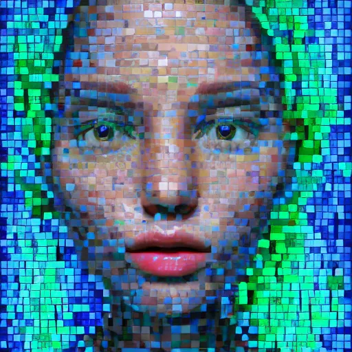 Prompt: mosaic portrait of a beautiful cute girl with robot ears by Saimir Strati, 4k, intricate details, digital, water
