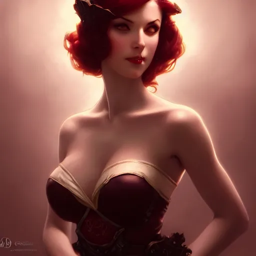 Image similar to of Katarina from League of Legends, dark fantasy, medium shot, intricate, ornate, elegant, highly detailed, digital painting, volumetric light,, artstation, concept art, smooth, sharp focus, illustration, art by Gil elvgren and charlie bowater and greg rutkowski and alphonse mucha