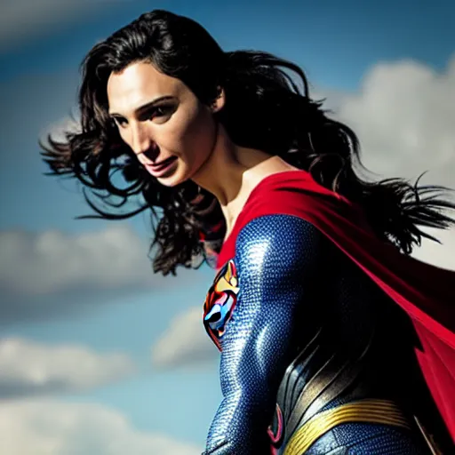 Image similar to an potrait of gal gadot play Man of Steel replacing Henry Cavill, photorealistic, high detail, photo studio, testing custom, full body shot 4k