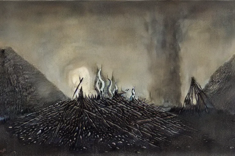 Prompt: zdzisław beksinski painting of a campsite with bonfire