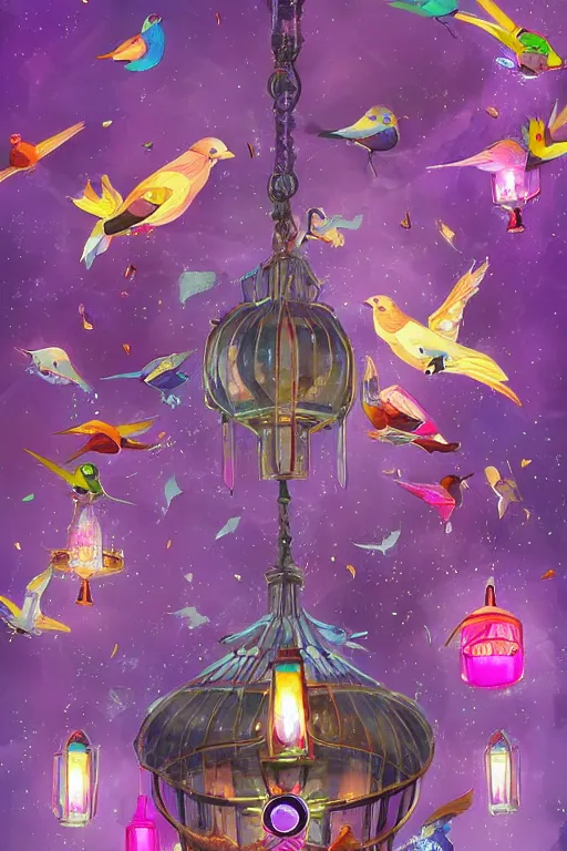 Prompt: purple space racoon, colorful birds flying. Magical lanterns and chandeliers. Fantastical, detailed digital art trending in artstation