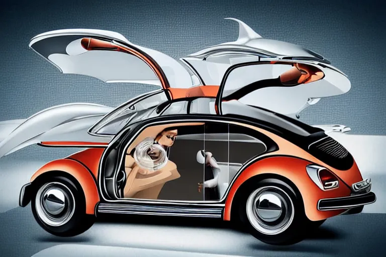 Image similar to Futuristic sinthwave magazine advertisement of the new Volkswagen Beetle with gullwing doors, retro futuristic illustration, hyper realistic, award winning advertising photo