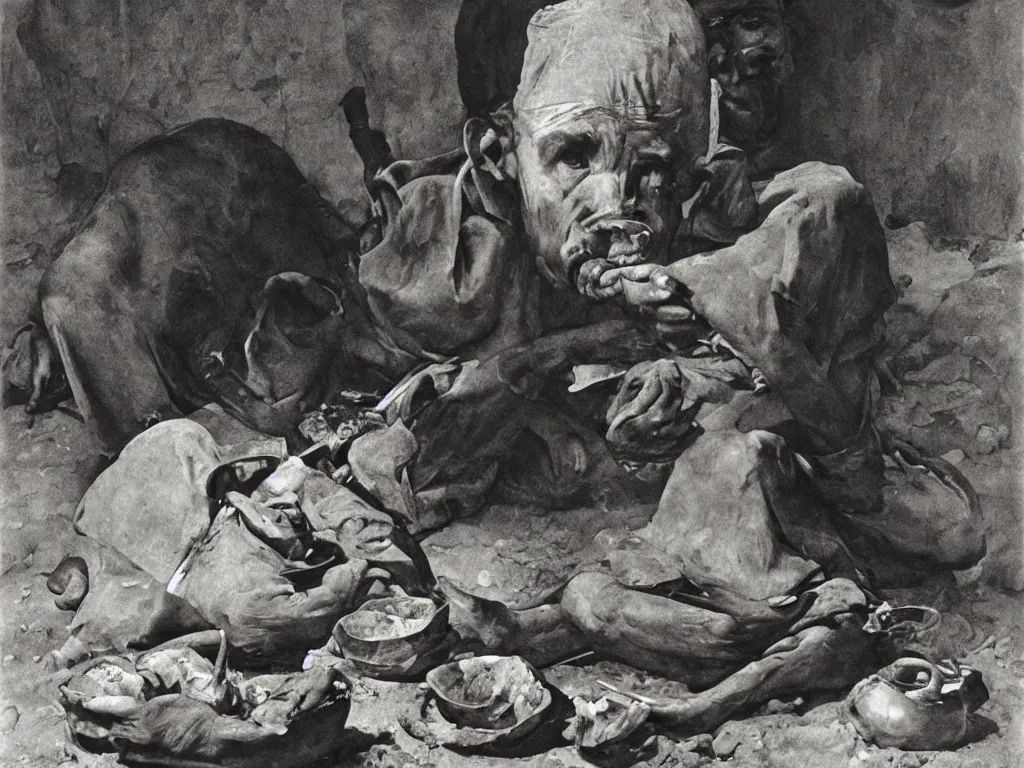 Image similar to The worker of the gold mines eating. Night. Painting by Georges de la Tour, Sebastiao Salgado