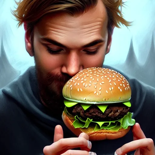 Image similar to Pewdiepie eating a burger, closeup, D&D style, fantasy, intricate, elegant, highly detailed, digital painting, artstation, concept art, matte, sharp focus, illustration, art by Artgerm and Greg Rutkowski and Alphonse Mucha