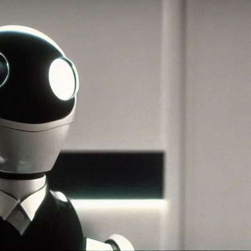 Prompt: Movie still of 'Future World 2050' (1990). Robot Butler serving rich people. Sigma 85mm f/1.4
