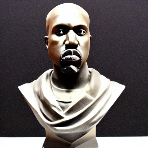 Prompt: a marble bust of kanye west, black background