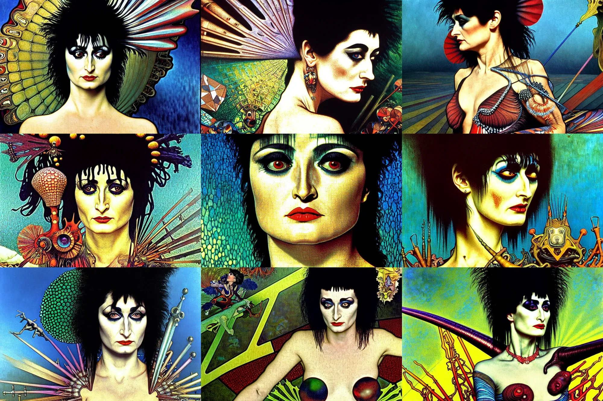 Prompt: realistic detailed closeup portrait movie shot of a siouxsie standing on a giant checkerboard by jean deville, amano, denis villeneuve, yves tanguy, ernst haeckel, alphonse mucha, max ernst, caravaggio, roger dean, masterpiece, rich moody colours