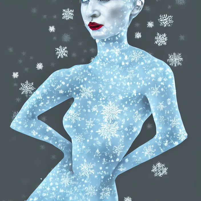 Image similar to a woman wearing a highneck dress made out of snowflakes. she is sickly looking and dying of hypothermia. pale blue lips. full body digital portrait by maromi sagi