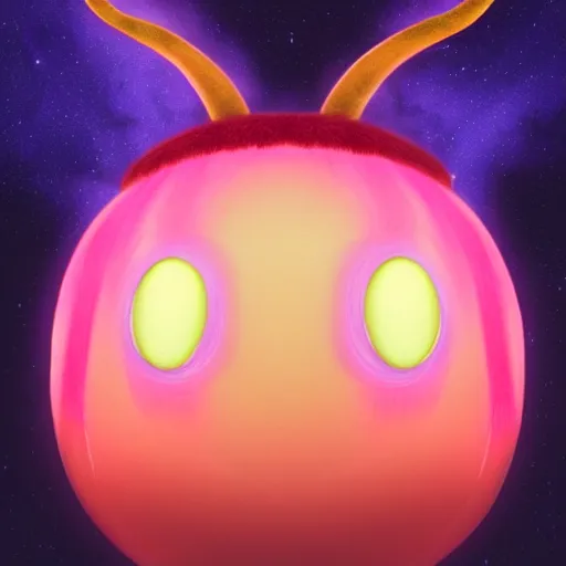 Image similar to an alien with a face that looks like a fuzzy peach the peach is fuzzy pink warm and ripe the alien has horns and a mean smile, 4k, highly detailed, high quality, amazing, high particle effects, glowing, majestic, soft lighting