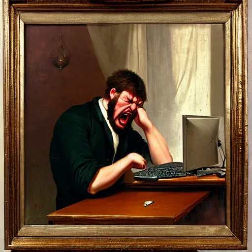 Image similar to an angry man yells at his computer monitor, oil on canvas, 1 8 8 3, highly detailed