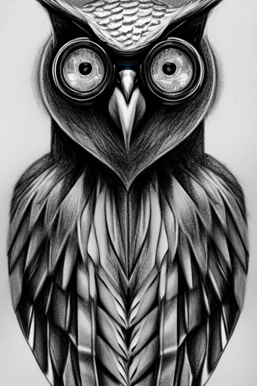 Prompt: detailed pencil drawing of an cyberpunk owl, she has mechanical wings, and the left eye is the lens of a camera